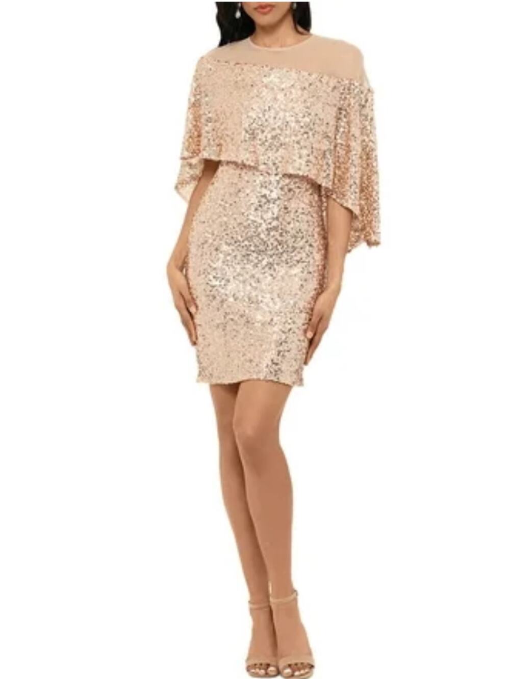 Betsy & Adam Champagne Gold Cocktail Dress Sequined Caped Mini Sheath Size 4
